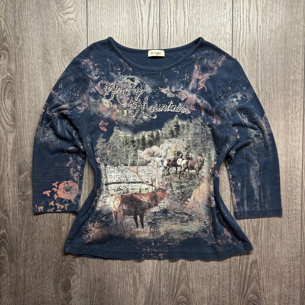 Cactus Rocky Mountains Graphic Large Top Navy Blue Y2K Rhinestone 3/4 Sleeve Vtg